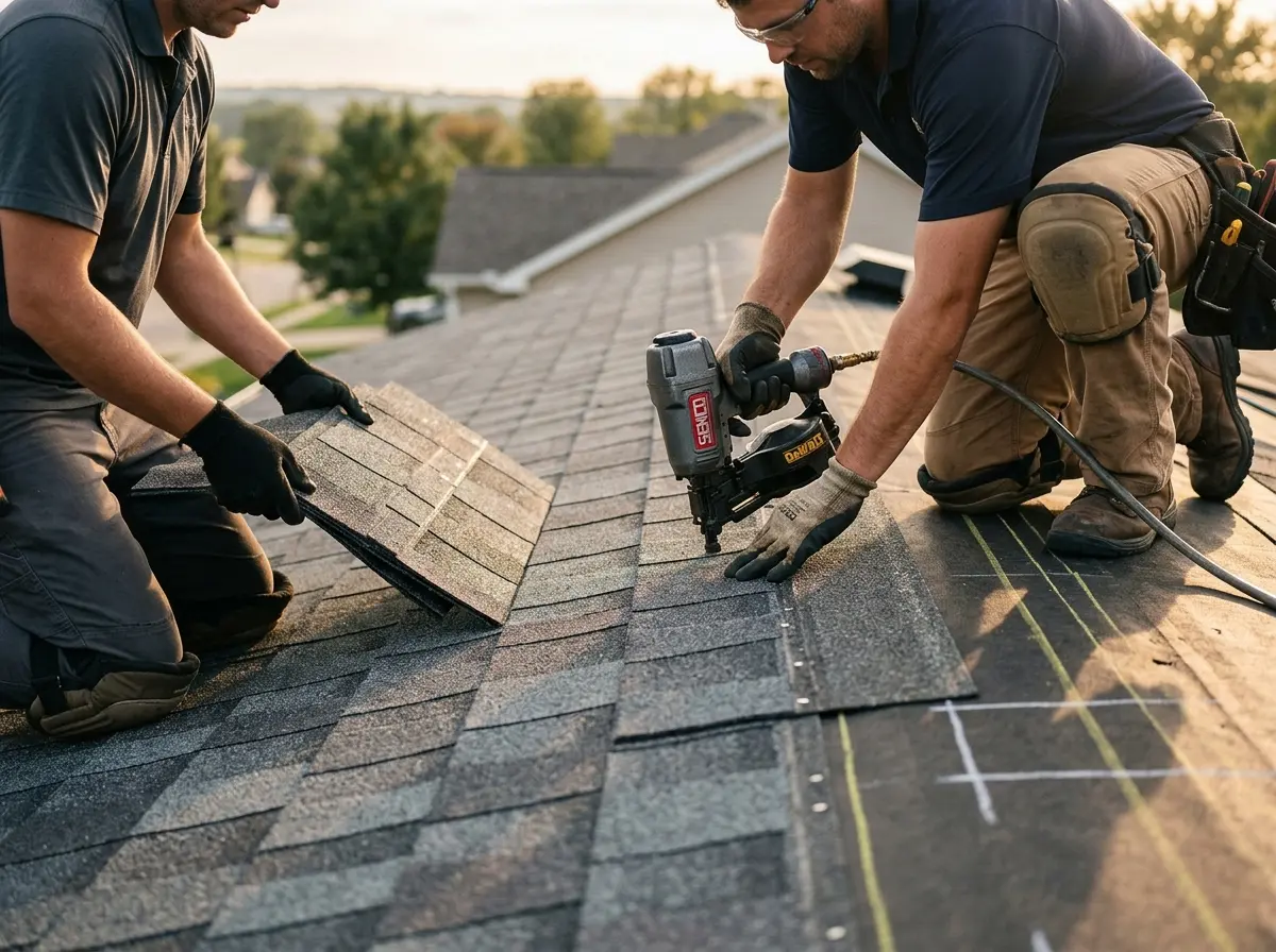 Professional roofer working on a residential roof in Emerson